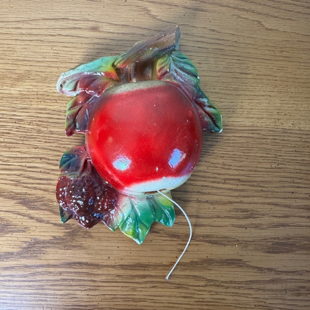 Vintage 1940s Chalkware Apple Fruit Leaves Wall Decor Hanging String Dispenser